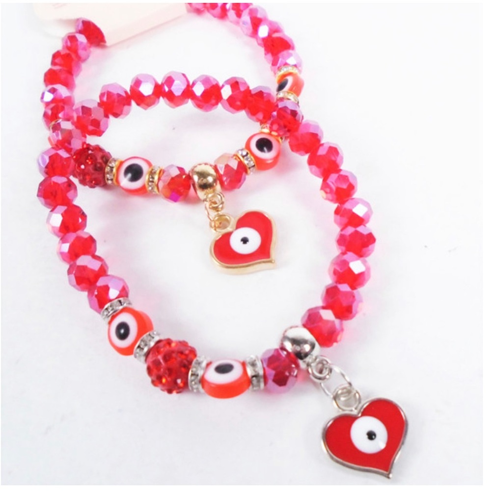 All Red Crystal Beaded Bracelets w/ Evil Eye Beads & Heart Charm - Picture 1 of 1